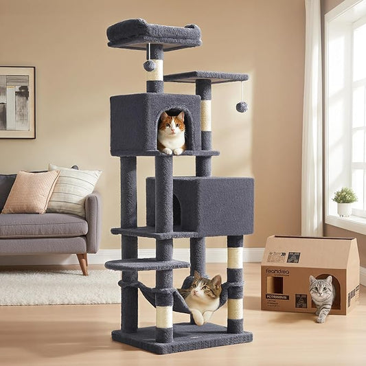 Feandrea Cat Tree, 61-Inch Cat Tower for Indoor Cats, Plush Multi-Level Cat Condo with 5 Scratching Posts, 2 Perches, 2 Caves, Hammock, 2 Pompoms, Smoky Gray UPCT192G01