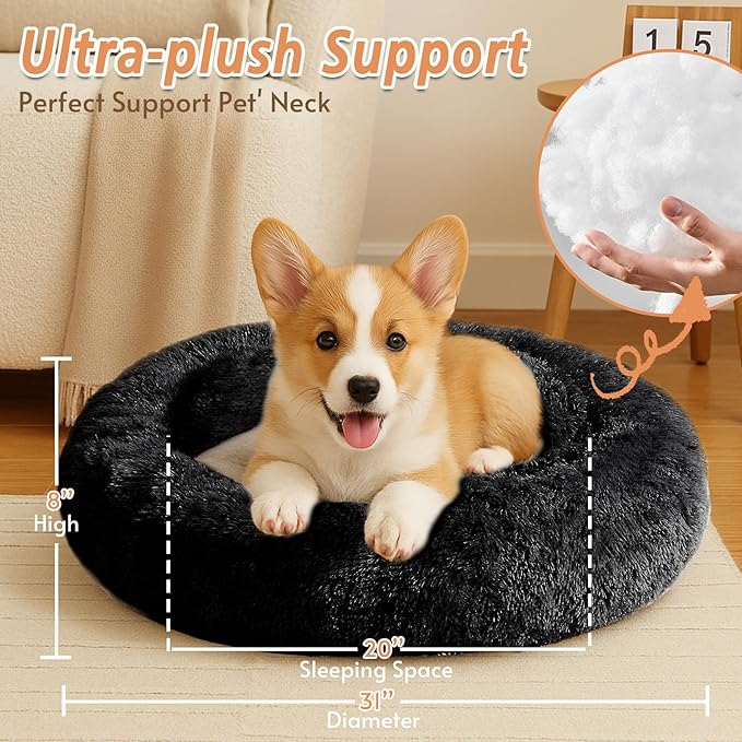 JOLLYVOGUE Small Dog & Cat Beds for Indoor Cats, Donut Cuddler Warming Soft Dog Beds with Anti-Slip Bottom, Round Calming Fluffy Plush Faux Fur Cushion Bed for Medium Dogs (31", Black)