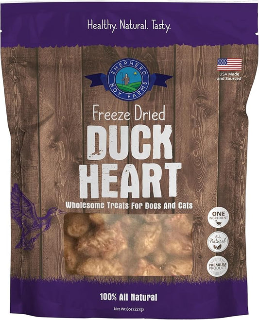 Shepherd Boy Farms Freeze Dried Dog and Cat Treats, Duck Heart, All Natural Single Ingredient Freeze-Dried Dog Treat & Snacks, Made in USA, High Protein, Essential Nutrition of Raw Food, 8oz