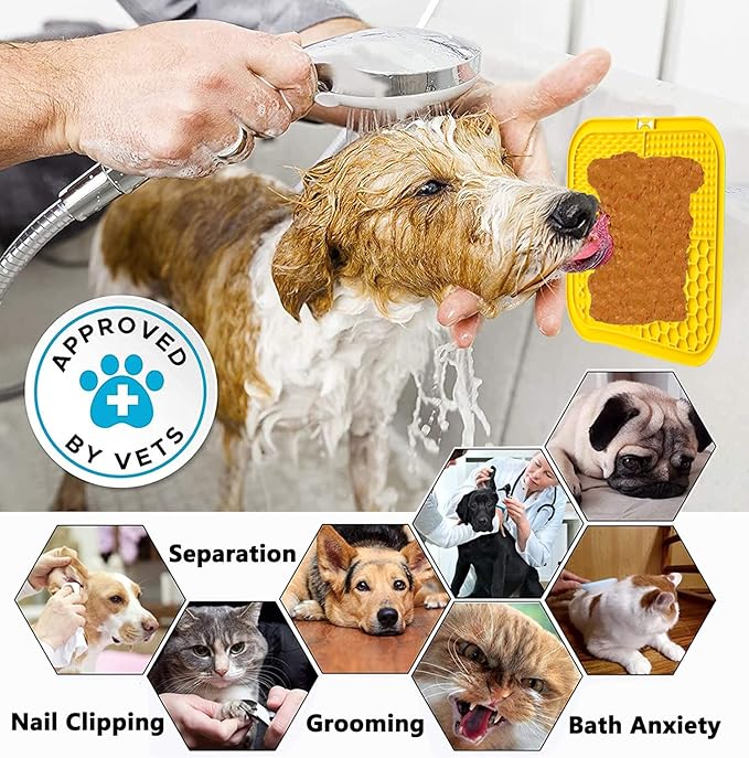 Lick Mat for Dogs, Large Dog Lick Mat with Suction Cups for Anxiety, Peanut Butter Dog Licking Mat Slow Feeder Dispensing Treater Lick Pad for Dogs Cats Grooming Bathing and Training(Yellow)