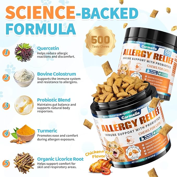 Cat Allergy Relief Treats, 500 Crunchy & Creamy Chews, Allergy Relief for Cats with Colostrum, Probiotics - Itchy Skin & Paw Licking, Immune Support, Seasonal Allergies - Chicken and Krill Flavor