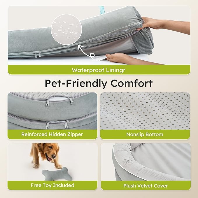 Large Orthopedic Dog Bed, 36 in. Dog Bed for Large Sized Dogs with Full-Surround Bolsters, Dual-Sided Dog Cooling Beds with Memory Foam, Washable Pet Sofa Couch with Nonslip Bottom, Light Grey