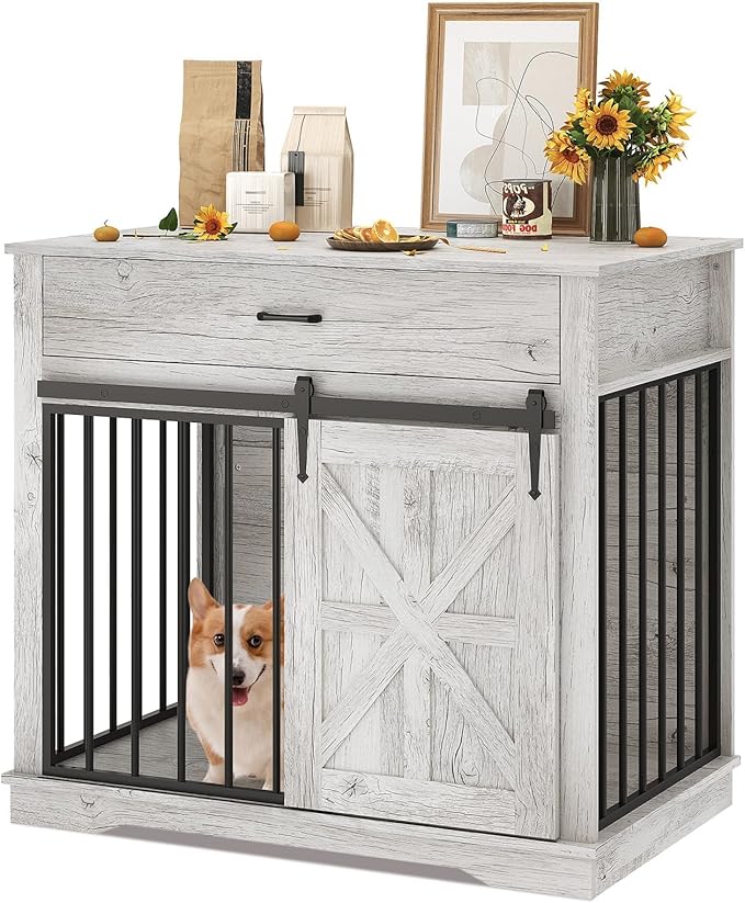 37.8" Dog Crate Furniture, Farmhouse Style 2-in-1 Dog Crate with Sliding Barn Door for Small/Medium Dogs, Dual Function as Side Table with Storage Drawer, 2-in-1 Iron-Wood Fusion Design, Grey