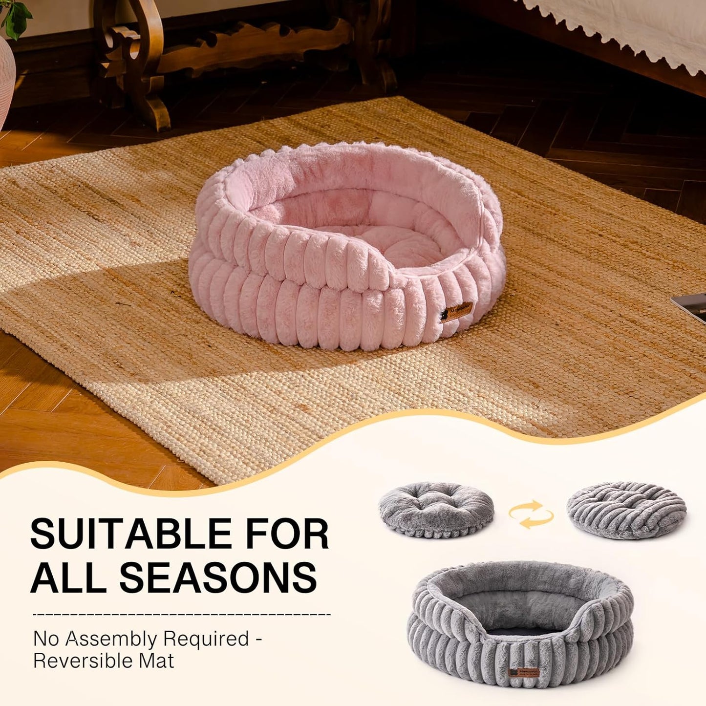 MEWOOFUN Washable Small Dog Bed, Cat Beds for Indoor Cats with Anti-Slip Bottom, Round Pet Bed for Puppy and Kitten (Pink, 24"x24"x9")