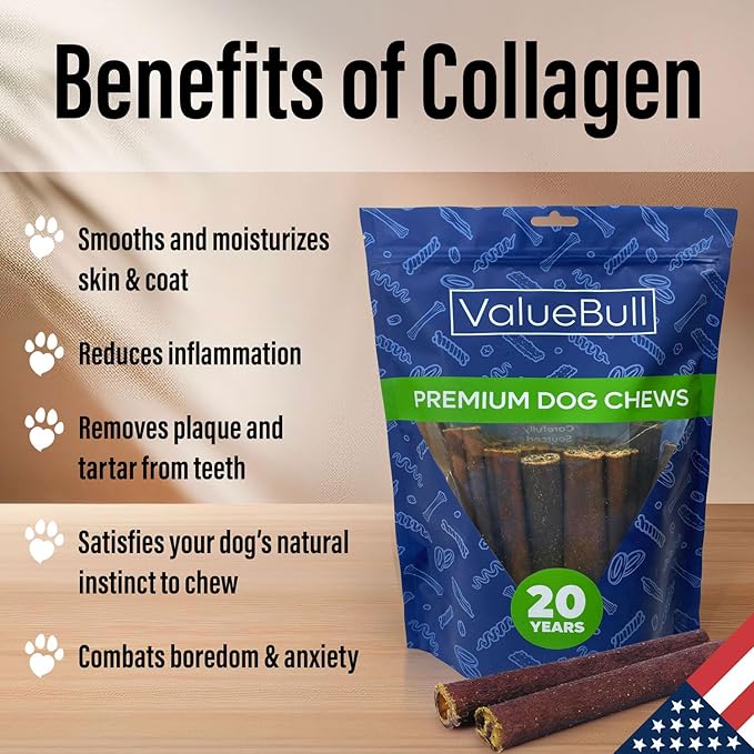 ValueBull USA Collagen Sticks for Small Dogs, 6 Inch Extra Thin Chews, Natural Dog Treats, 200 Count Bulk Pack - Promotes Joint, Skin & Coat Health with Glucosamine and Chondroitin