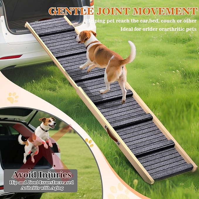 Dog Ramp for Car, 71''x 17'' Extra Long Deluxe Telescoping Design Wooden Pet Ramp, Pet Stair Ramps for Truck SUV with Non-Slip Surface, Portable Outdoor Dog Steps for Medium Large Dogs, Up to 250LBS