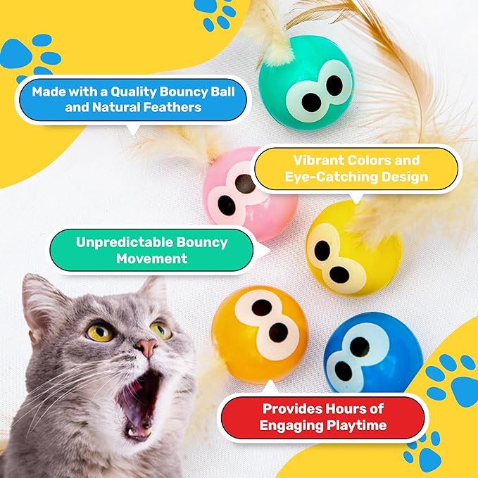 Bouncy Tails 15-Pack Cat Ball Toy with Natural Feathers, Interactive Cat Toys for Bored Indoor Adult Cats, Feather Cat Toy for Indoor Cats and Playful Kittens