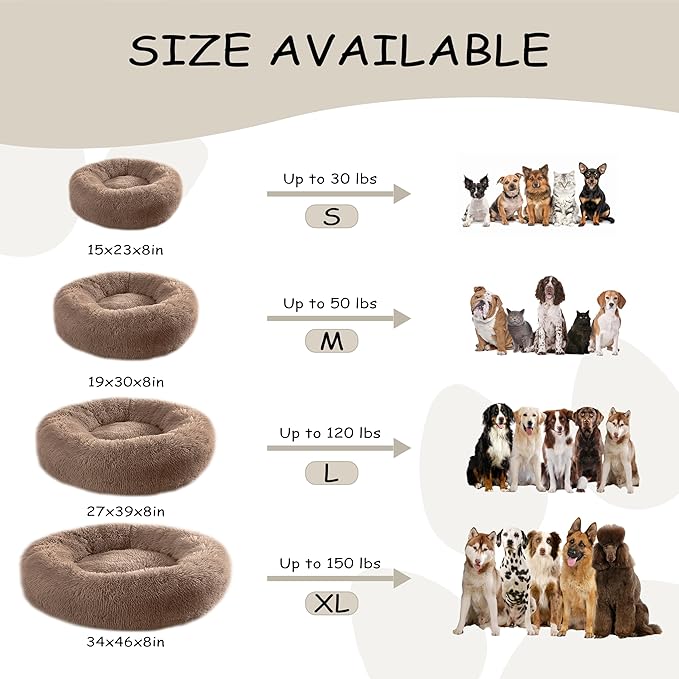 30'' inch Calming Dog Bed, Plush Anti-Anxiety Donut Dog Bed for Small Medium Dogs, Warming Cozy Soft Cute Round Washable, Marshmallow Cuddler Nest Pet Bed, Brown
