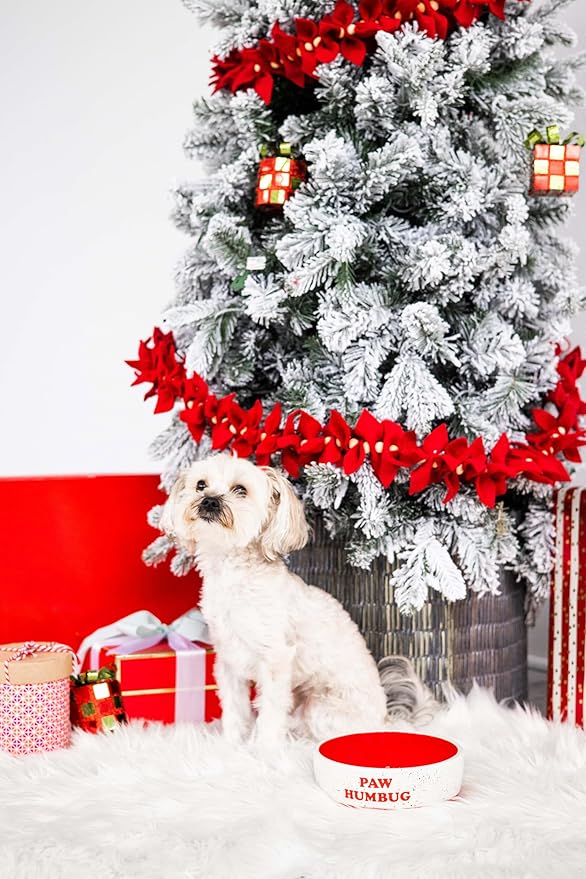 Pearhead Ceramic Paw Humbug Dog Bowl, Holds 3 Cups, Christmas Holiday Speckled Stoneware Design, Pet Feeding Dish, Microwave and Dishwasher Safe, Medium