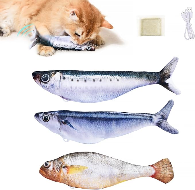 Petgravity Bite-Sized Realistic Flopping Fish Cat Toys, 3 Pack, Interactive Cat Toys for All Breeds, Tap-Activated 3 Flapping Mode, Sardine/Saury/Yellow Croaker, 7.1 Inches, with Catnip, Rechargeable
