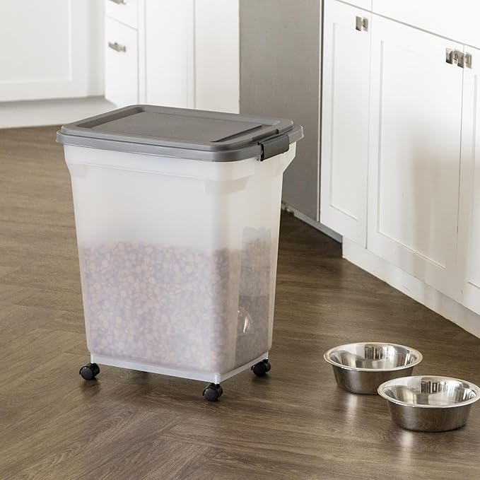 IRIS USA Dog Food Storage Container 40 lbs, Attachable Wheels, & Included Scoop, for Dog Cat Birds and other Pets, Food Storage Bin, Keep Fresh, Easy Mobility, BPA Free - Made in the USA, Dark Gray