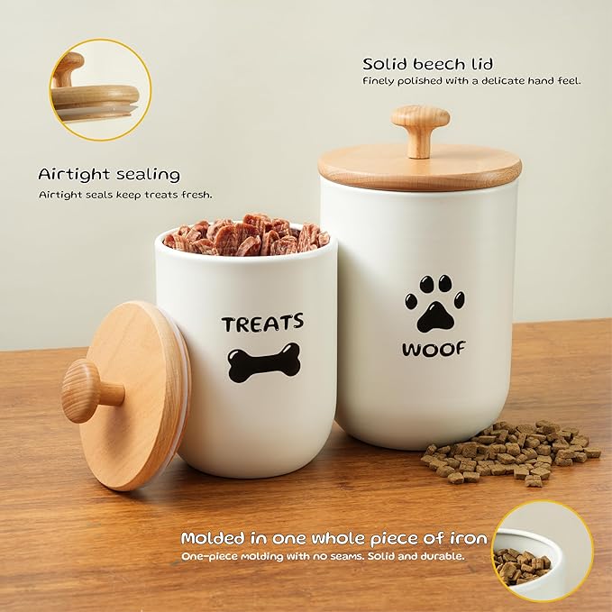 Dog Treat Container Set of 2, Dog treat jar with Airtight Lid, Small dog food container, Dog Cookie Jar for kitchen Counter, Treats Canister, Pet Treat Container 8.3x4.9 & 7.1x4.3 (White)
