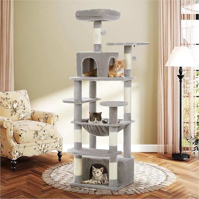 Cat Tree for Indoor Cats, 64.5" Tall Cat Tower with 2 Cozy Condos, Scratching Posts, Large Hammock and Dual Padded Perches, Multi-Level Activity Center for Large Cats, Grey