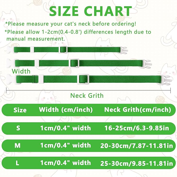 Elastic Cat Collar, Stretch Cat Collar Quick Release, Bright Colors Safety Kitten Collar Adjustable Collar for Kittens, Lightweight Soft Polyester Collars for Boy Girl Cats (Green,M)