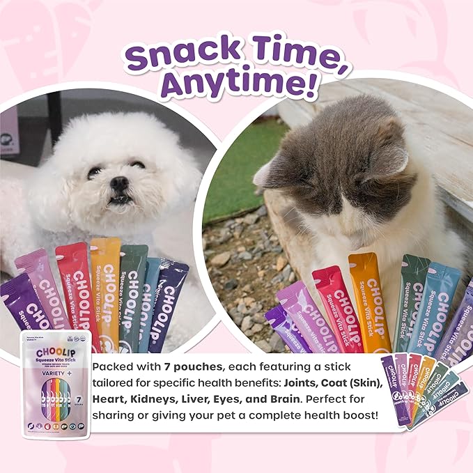 Choolip Squeeze Vita Stick Lickable Cat & Dog Treats – 14 Sticks (2×7 Value Bundle) Variety Pack, Creamy Grain-Free Puree with Multivitamins, Vet-Formulated for All Life Stages & Total Wellness