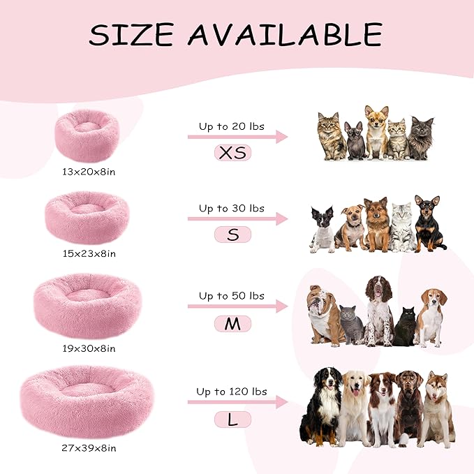 30'' inch Calming Dog Bed, Anti-Anxiety Donut Small Medium Dog Bed, Warming Cozy Soft Cute Round Washable, Marshmallow Cuddler Nest Puppy Dogs and Cats Bed, Pink