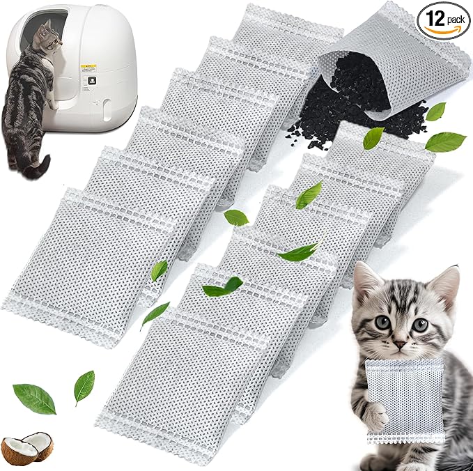 NewKe 12 PCS Odor Eliminator for PuraMax Self-Cleaning Cat Litter Box, Natural Activated Charcoal Refills, Cat Toilet Odor Control, Cat Litter Deodorizer Compatible with PETKIT Automatic Litter Box