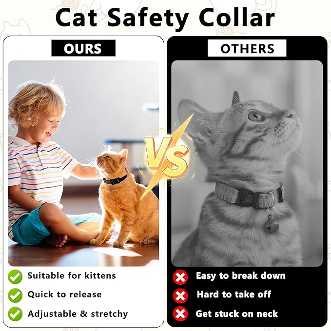 Elastic Cat Collar, Stretch Cat Collar Quick Release, Bright Colors Safety Kitten Collar Adjustable Collar for Kittens, Lightweight Soft Polyester Collars for Boy Girl Cats (Black,S)