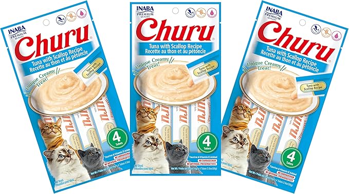 INABA Churu Cat Treats, Grain-Free, Lickable, Squeezable Creamy Purée Cat Treat/Topper with Vitamin E & Taurine, 0.5 Ounces Each Tube, 12 Tubes (4 per Pack), Tuna with Scallop Recipe