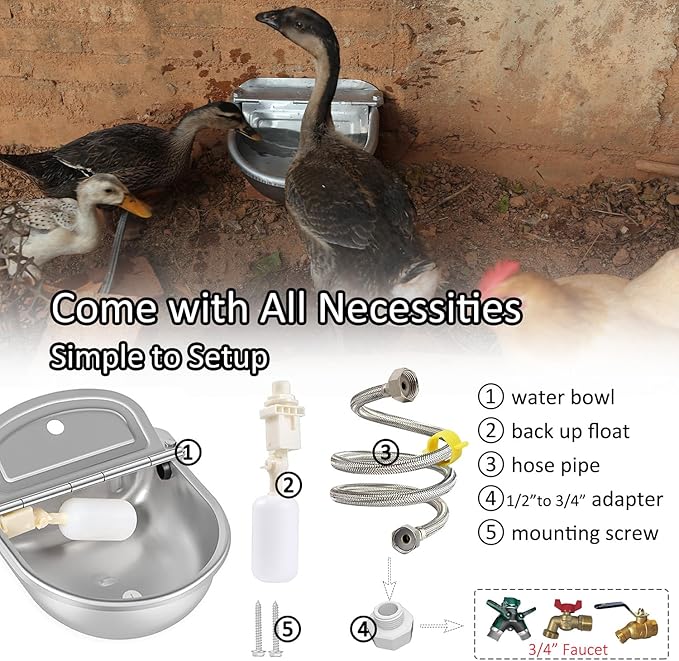 Automatic Water Dispenser for Dog Water Bowl Dispenser Large Size Stainless-Steel Waterer Feeder Self Filling Water Trough for Poultry and Livestock (Stainless Steel, Large)