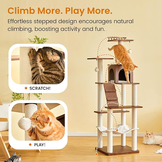 Modern Cat Tree - 64 inch Cat Tower for Indoor Cats, Multi-Level Cat Condo with 7 Fully Wrapped Scratching Posts, 2 Perches, Hammock, Removable Pad & Dangling Balls-Walnut Brown