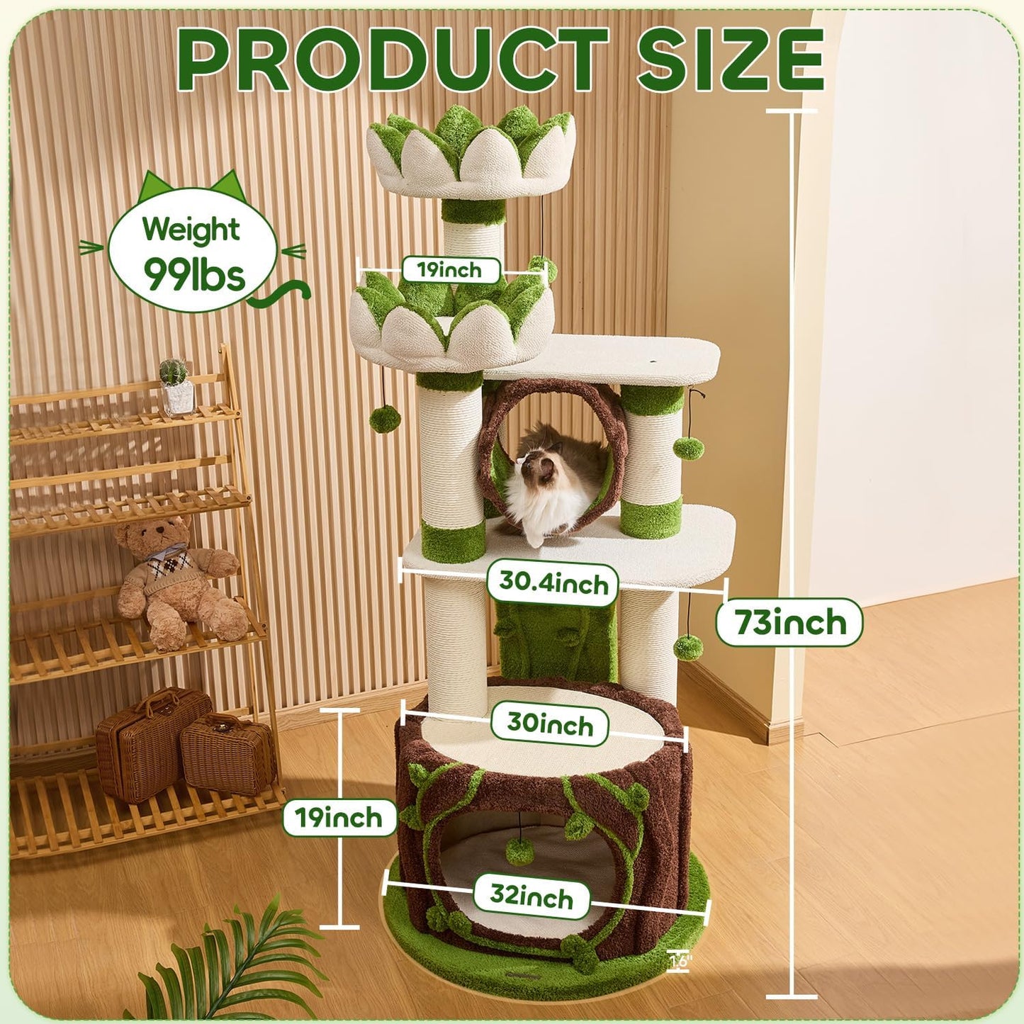 73‘’ Tall Flower Cat Tree for Indoor Cats Large Adult, Luxury Cat Tower with Scratching Post, Heavy Duty Modern Cat Furniture for Large Cats, Removable Mats, Multi-Level Cat House with Toy Ball