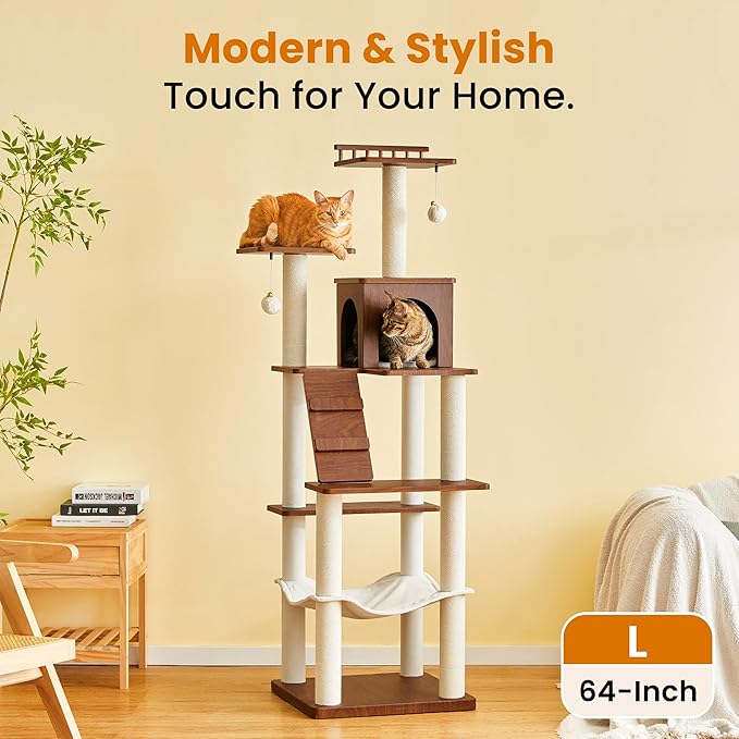 Modern Cat Tree - 64 inch Cat Tower for Indoor Cats, Multi-Level Cat Condo with 7 Fully Wrapped Scratching Posts, 2 Perches, Hammock, Removable Pad & Dangling Balls-Walnut Brown