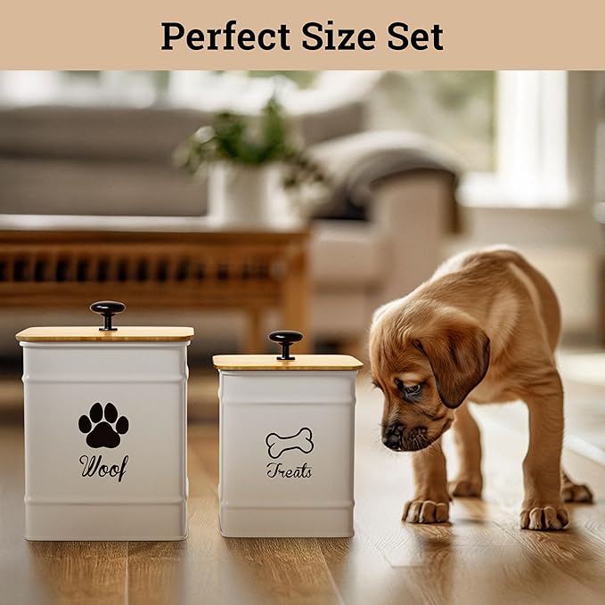 Dog Treat Container Airtight Set of 2 - 8x6 & 7x5 inch Iron Dog Treat Jars for Kitchen Counter with Airtight Bamboo Lids - 20 Cup Capacity Pet Treat Container Set - Doggie Cookie Jar - Treats Canister