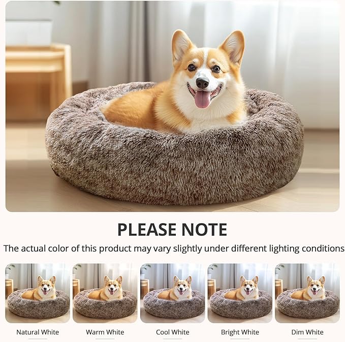 JOLLYVOGUE Calming Dog & Cat Bed for Small Dogs, Anti-Anxiety Donut Cuddler Cozy Soft Round Bed with Anti-Slip Bottom, Fluffy Faux Fur Plush Cushion Beds for Small Dogs, 20"/Smoke Brown