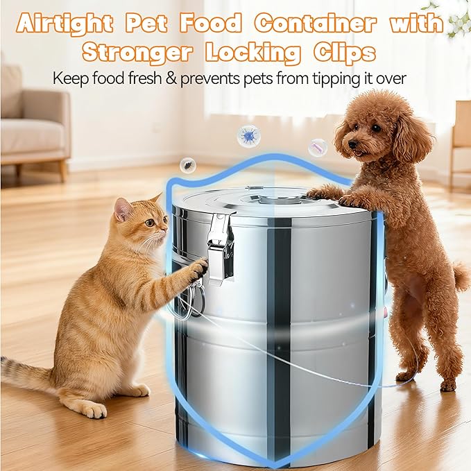 35lb Stainless Steel Dog Food Storage Container, Large Capacity Metal Pet Food Storage Container with Scoop, Airtight Dog & Cat Food Treat Bin for Dry Food Keep Fresh for Multi-Pet Households