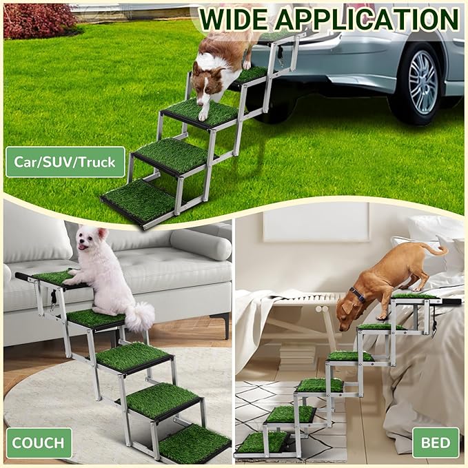 Dog Stairs for Car, Portable Folding Dog Ramps,Dog Steps for Large Dogs with Non-Slip Grass Rug for Cars, SUV, Trucks, Lightweight Pet Ramp Supports Up to 200 lb, 6 Steps