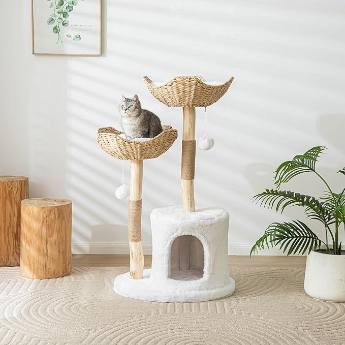 Vannokor Modern Cat Tree, Cat Tree Tower with Sisal Scratching Post, Boho Cat Condo for Indoor Cats, 46''H, White