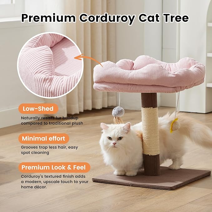 Gardner Pet 20" Cat Tree Corduroy, Solid Wood Small Cat Tree, Removable Cat Bed, Sisal Scratching Post & Hanging Toys, Stable Modern Cat Tower for Kittens & Indoor Cats (Brown, Square-Corduroy)