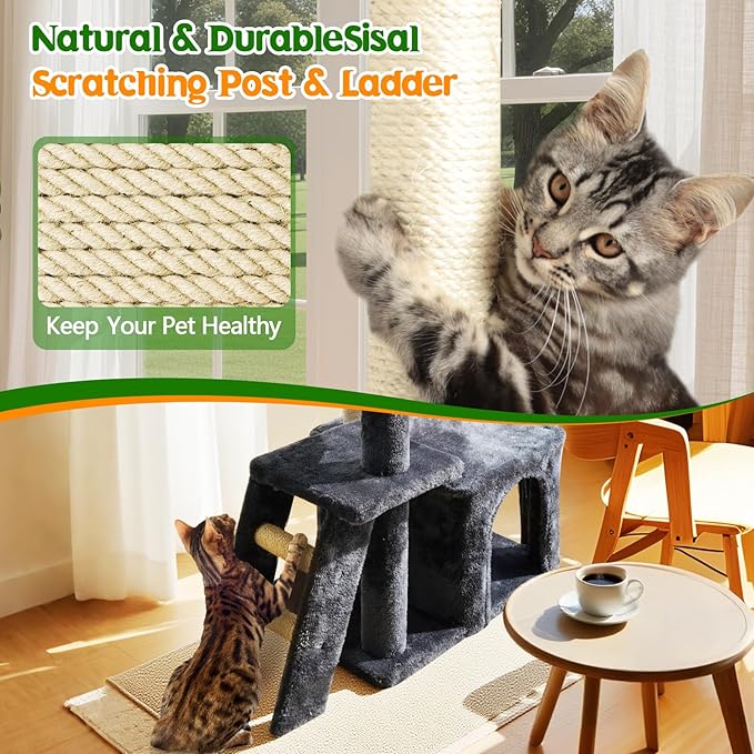 38.4'' Cat Tree Tower with Climbing Ladder, Cats Tree Scratching Post and Ball, Plush Condo, Modern Multi-Level Furniture Climber for Indoor Cats Large Adult, Dark Gray