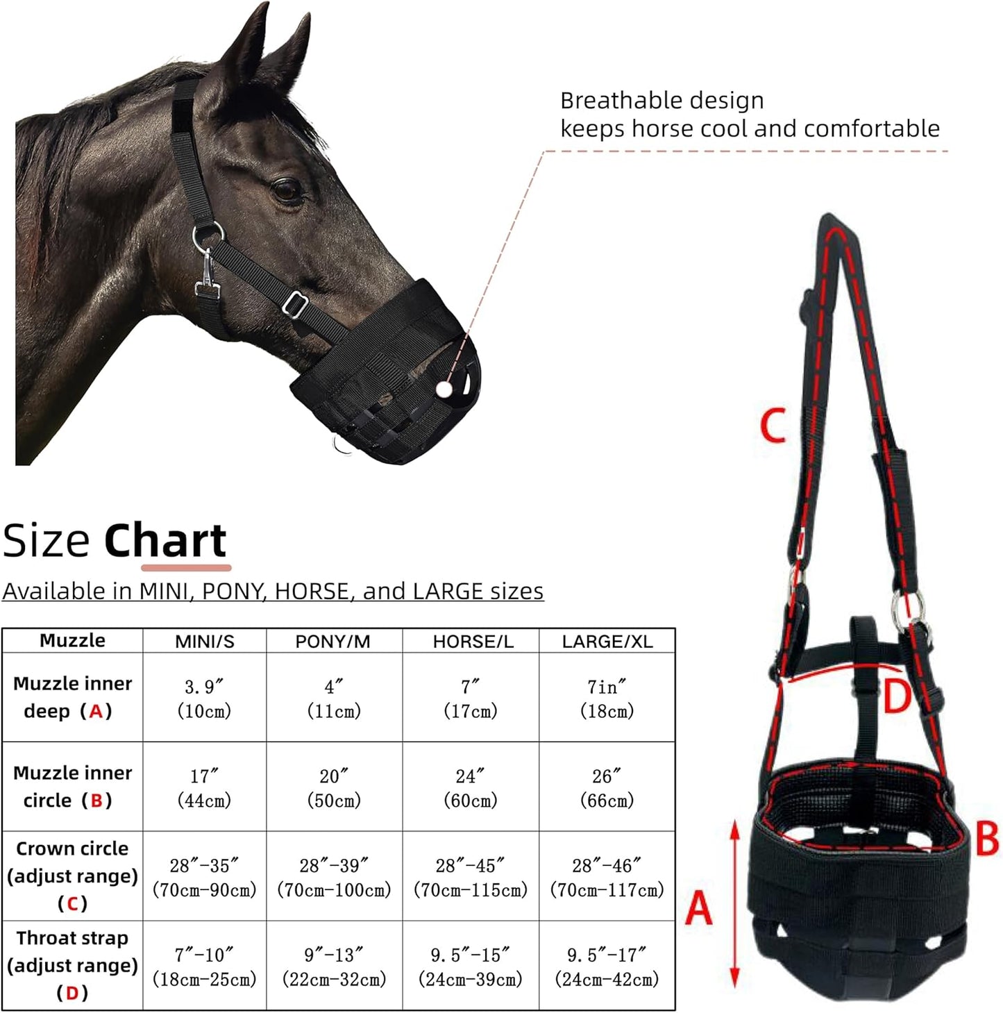 BARN & STABLE Horse Grazing Muzzle Halter for Easy Breathe, Comfortable Professional Horse Muzzle Grazing with Adjustable Straps, Velcro and Buckles, Suitable for Precaution of Laminitis
