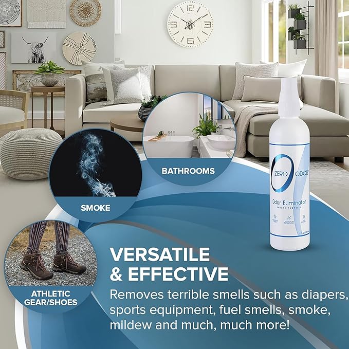 Zero Odor Multi-Purpose Odor Eliminator - Eliminate Air & Surface Odor – Patented Technology Best for Bathroom, Kitchen, Fabric, Closet- Smell Great Again, 8oz (Over 1000 Sprays)