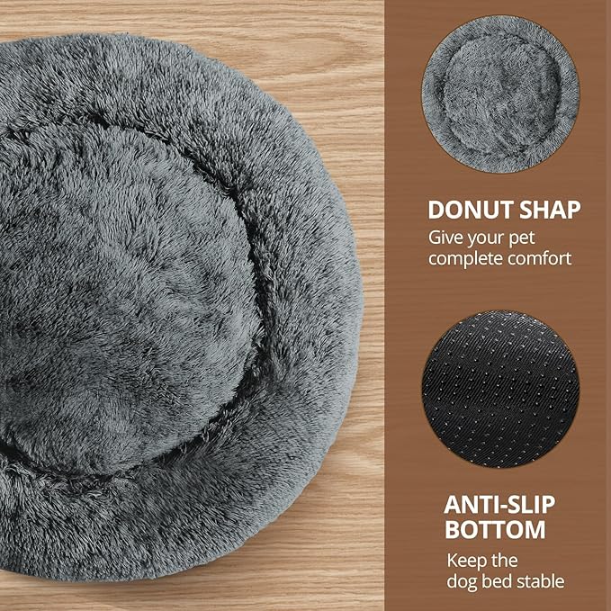 JOLLYVOGUE Small Dog & Cat Beds for Indoor Cats, Donut Cuddler Warming Soft Dog Beds with Anti-Slip Bottom, Round Calming Fluffy Plush Faux Fur Cushion Bed for Small Dogs (20")