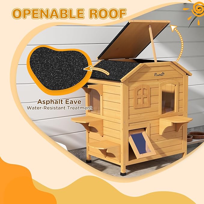 PawHut 2-Story Cat House Outdoor, Weatherproof Wooden Cat Enclosure for Feral Cats with Escape Door, Openable Roof, Jumping Platforms, Natural