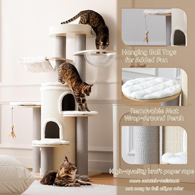 Modern Cat Tree,63'' Multi-Level Cat Tower with 3 Level Sisal Condo,Hammock,Washable Cushions,Tall Heavy Duty Cat Condo with Post,Luxury Wood Cat Tree Tower for Indoor Large Adult Maine Coon