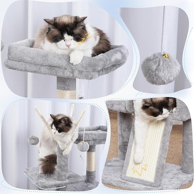 Hey-brother Cat Tree Tower, Scratching Posts with Removable Toys, Cozy Condo, Platform, Hammock, Sisal Scratch Board and Ball for Indoor Kittens, 41.3 Inches, Light Gray MPJ008SW