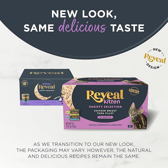 Reveal Natural Wet Kitten Food, Limited and Natural Ingredients, Grain Free, High Protein with No Artificial Additives, Chicken & Tuna Variety in Broth (8 x 2.47 oz Cans)