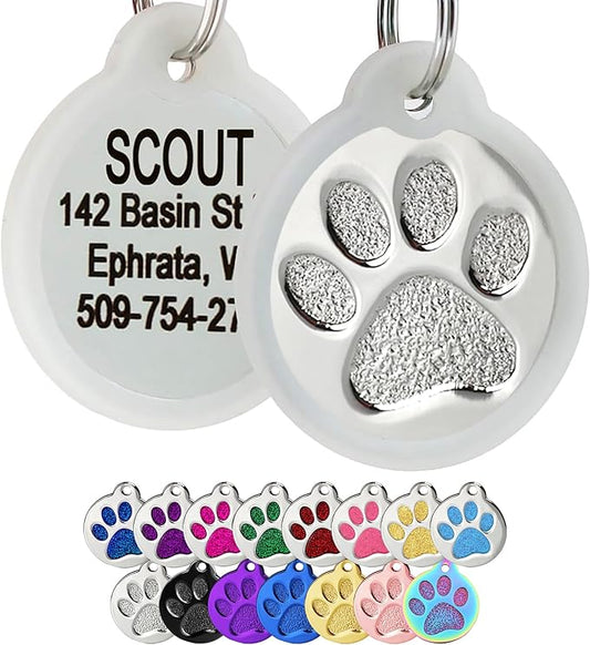 GoTags Paw Print Round Stainless Steel Pet Tag for Dogs and Cats, Personalized with 4 Lines of Custom Engraved ID with Silencer, in Stainless Steel and 15 Colors Small and Large, Silver