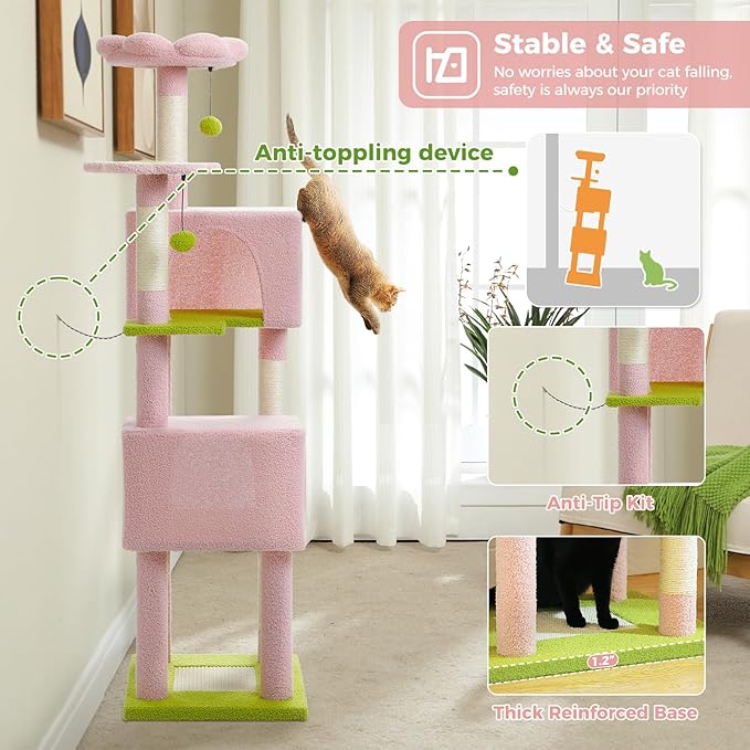 62" Cat Tree for Indoor Cats, Multi-Level Cat Tower for Large Cats with Scratching Posts, 2 Spacious Plush Condos, Padded Perch, Soft Cat Bed, Scratching Pad & 2 Pompoms, Pink