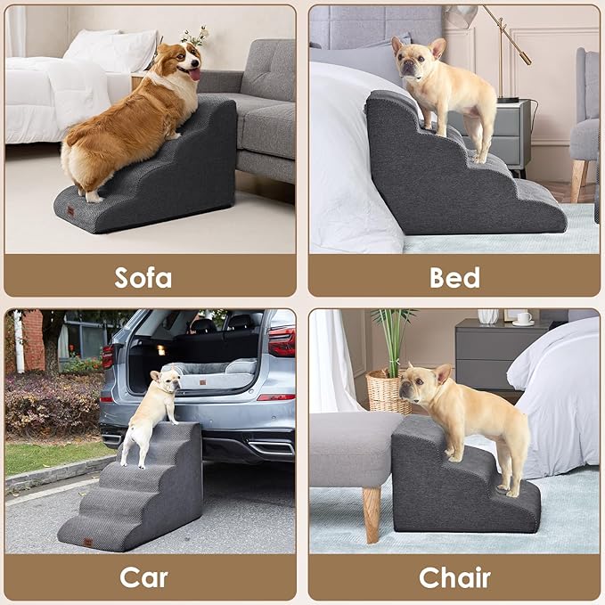 EHEYCIGA Curved Dog Stairs Ramp for High Beds 19.7" H, 4-Step Dog Steps for Small Dogs and Cats, Pet Stairs for High Bed Climbing, Non-Slip Balanced Pet Step Indoor, Grey