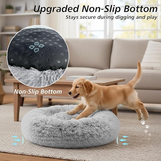 JOLLYVOGUE Small Dog & Cat Beds for Indoor Cats, Donut Cuddler Warming Soft Dog Beds with Anti-Slip Bottom, Round Calming Fluffy Plush Faux Fur Cushion Bed for Small Dogs (20", Smoke Grey)