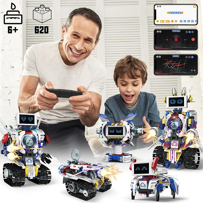 5 in 1 STEM Robot Building Kit, APP & Remote Control Screen Building Toys, Eye Coding Robots Rechargeable, 620Pcs DIY Super Warriors for Kids Learning, Boys Girls Birthday Gifts