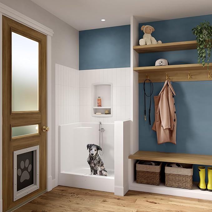 Laurel Mountain Odie 36" x 27" x 36" AcrylX Alcove Center Drain One-Piece Pet Shower in White with Hand-Held Sprayer in Matte Black