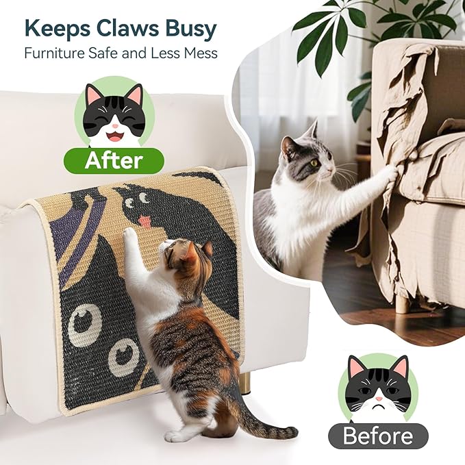 3-in-1 Sisal Cat Scratcher Mat 23.6x15.7'' Protects Carpet Couch & Furniture with Sticker Tape, Floor & Wall Cat Scratching Pad, Anti-Slip, Durable for Indoor Outdoor Cats (Warm Beige)