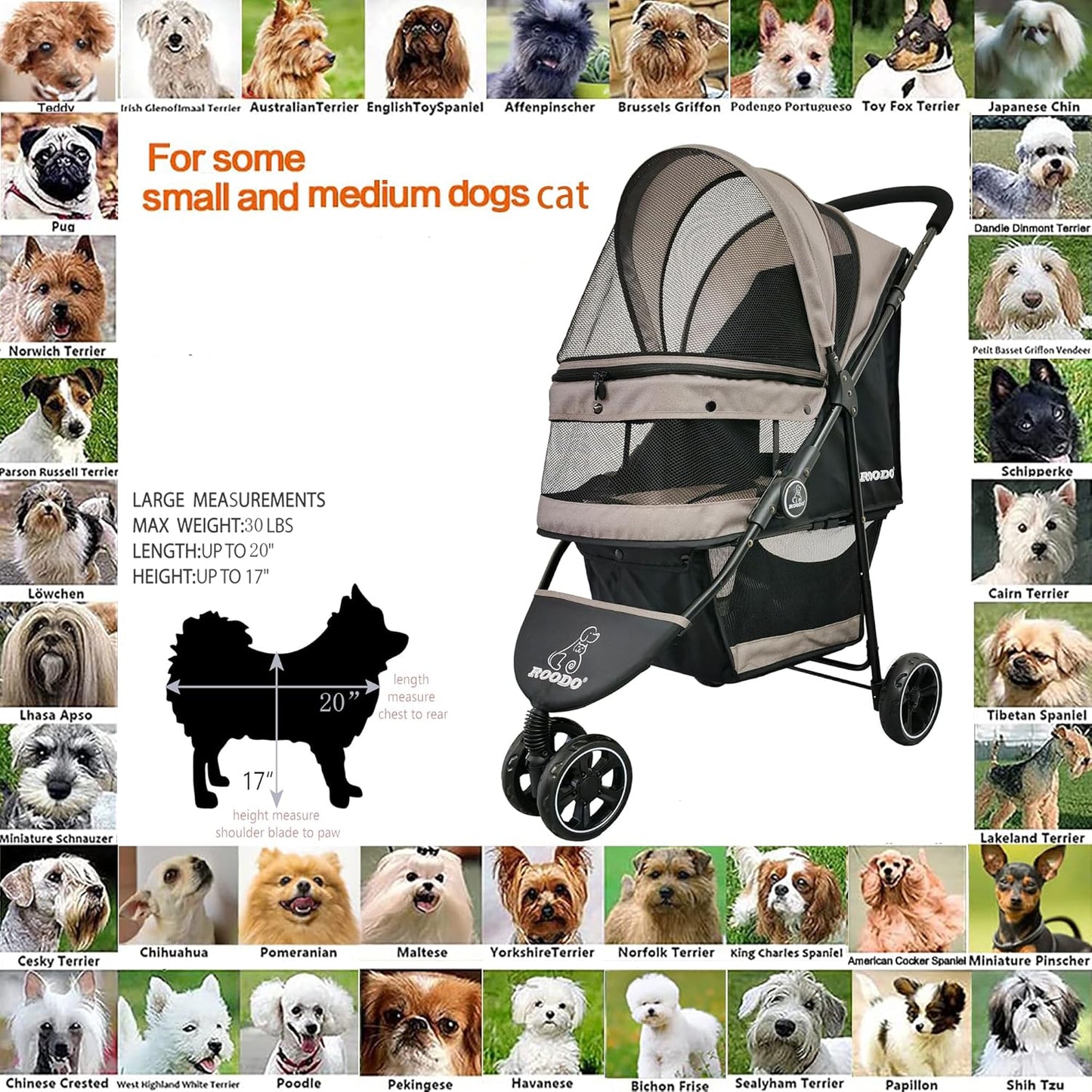 ROODO Escort 3 Wheel Dog Cat Pet Stroller for Small/Medium Dogs Cats Best Lightweight Foldable Portable Compact Jogger All Terrain Travel Pet Gear System Puppy Doggie Bunny Kitty Stroller(Grey)
