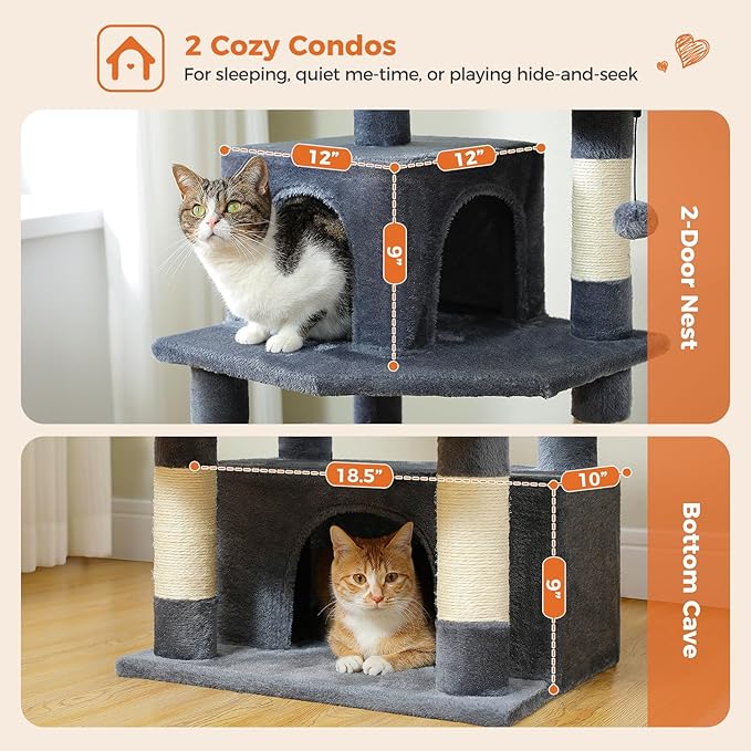 Cat Tree for Indoor Cats, 64.5" Tall Cat Tower with 2 Cozy Condos, Scratching Posts, Large Hammock and Dual Padded Perches, Multi-Level Activity Center for Large Cats, Dark Grey